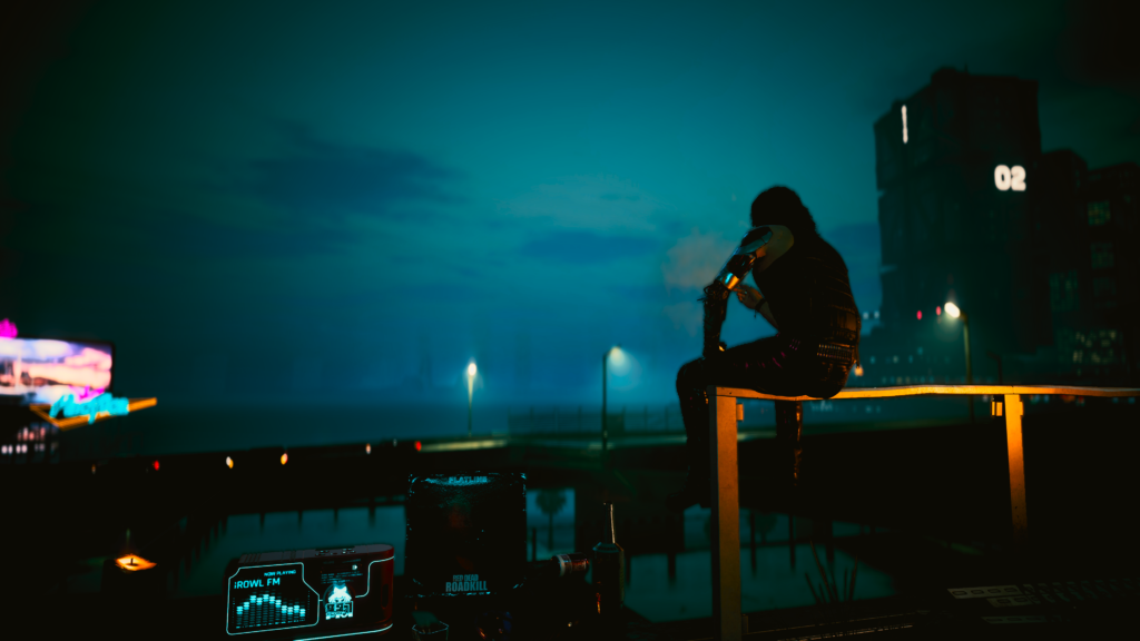 Johnny sitting on a rail - Cyberpunk 2077