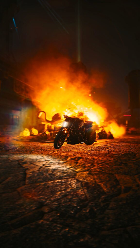 Motorbike in front of fire - Cyberpunk 2077