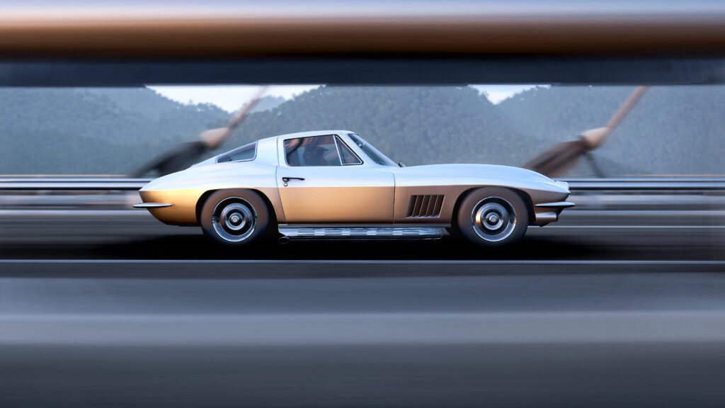 Silver Corvette Stingray side view on bridge - Forza Horizon 5
