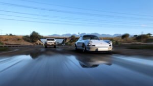 White Porsche 911 Carrera S driving on freeway - Forza Horizon 5