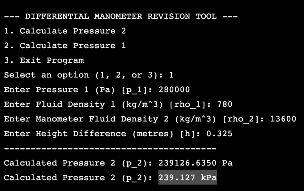 Differential manometer python code output